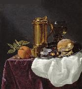 simon luttichuys Tankard with Oysters, Bread and an Orange resting on a Draped Ledge France oil painting artist